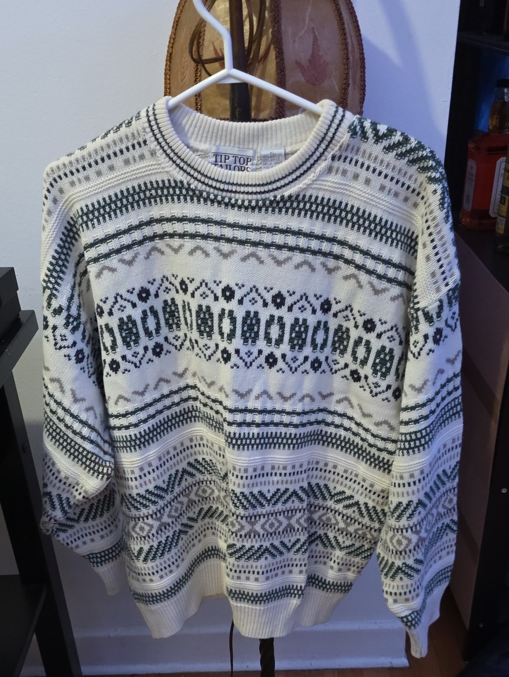 Men's Cream & Green Fair Isle Crewneck Sweater